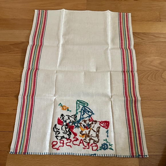 Vintage Embroidered Linen Tea Towel 1950 Cat Dog - Picture 11 of 12